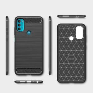 Higar Carbon Fiber Shock Proof Rugged Armor Back Case Cover with Metallic Brush Finish for Moto G71 5G - Black